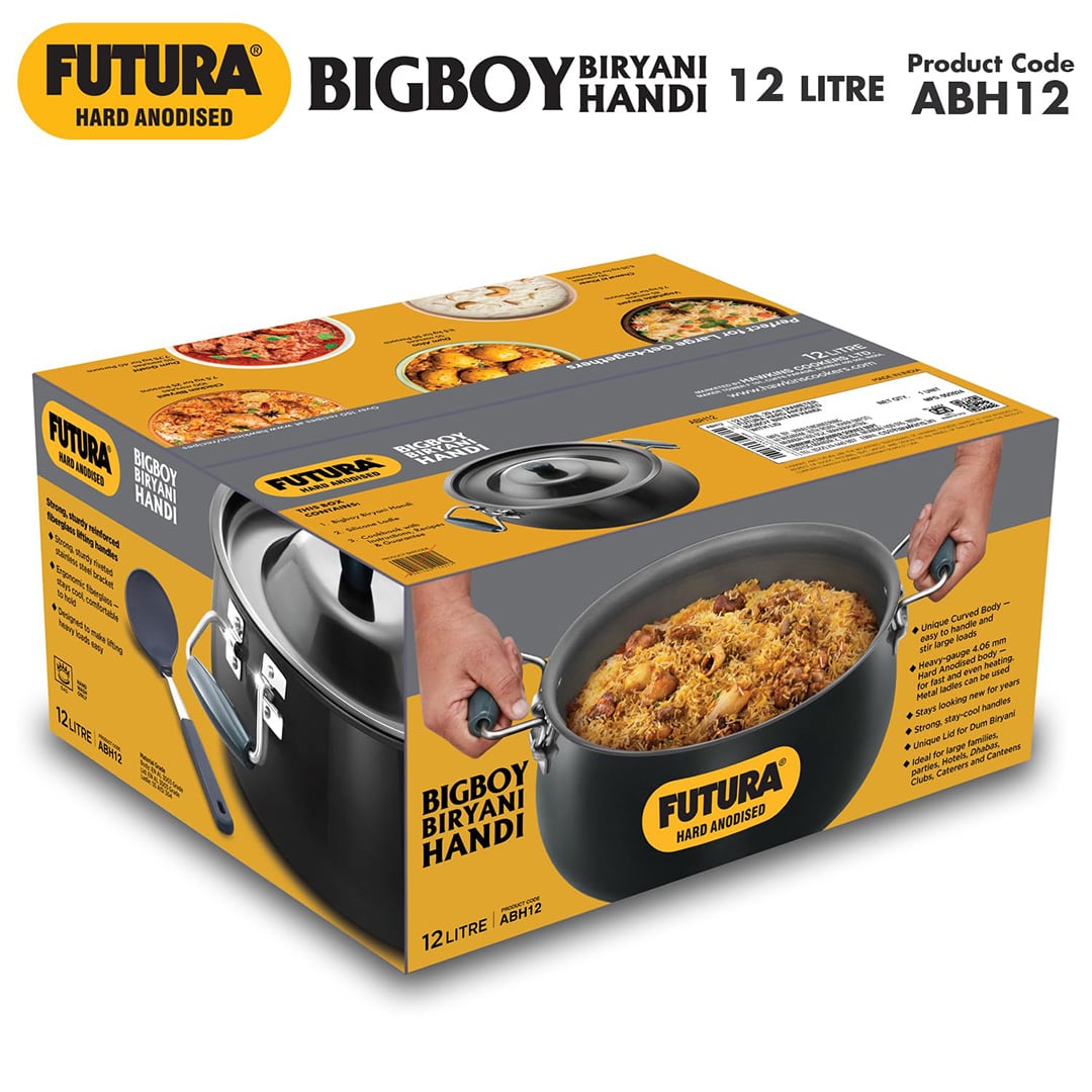 Picture of Hawkins Futura 12 Litre Bigboy Biryani Handi, Polished Hard Anodised Pot with Hard Anodised Lid, Sauce Pan for Cooking and Serving Biriyani